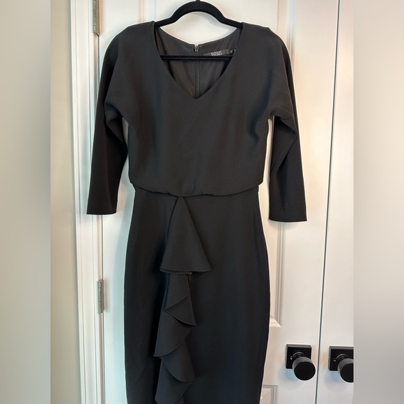 Badgley Mischka Black Dolman Sleeve Crepe Blouson Ruffle Knee Length Dress - Picture 3 of 7